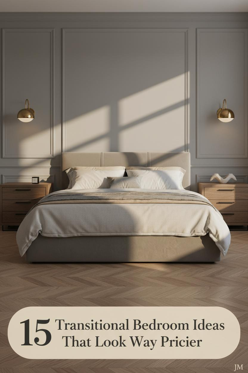 Transitional primary bedroom with dove grey raised panel wall, walnut herringbone floor, brass sconces, and ivory linen bedding layers