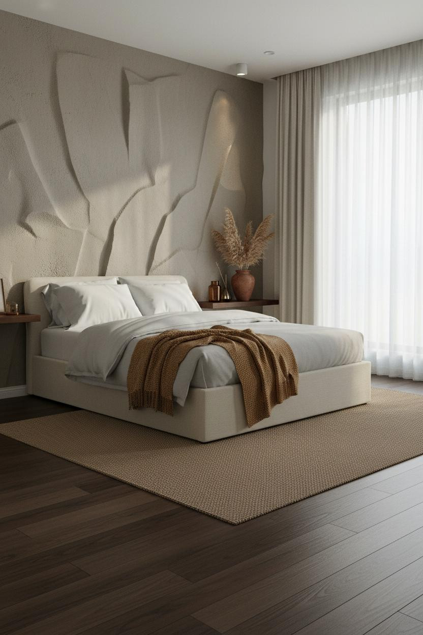 Transitional Bedroom Greige Plaster Accent Wall