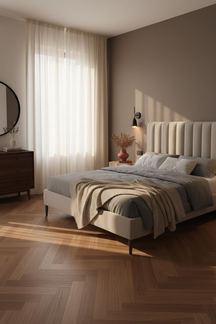 Transitional Bedroom Linen Headboard Walnut Parquet