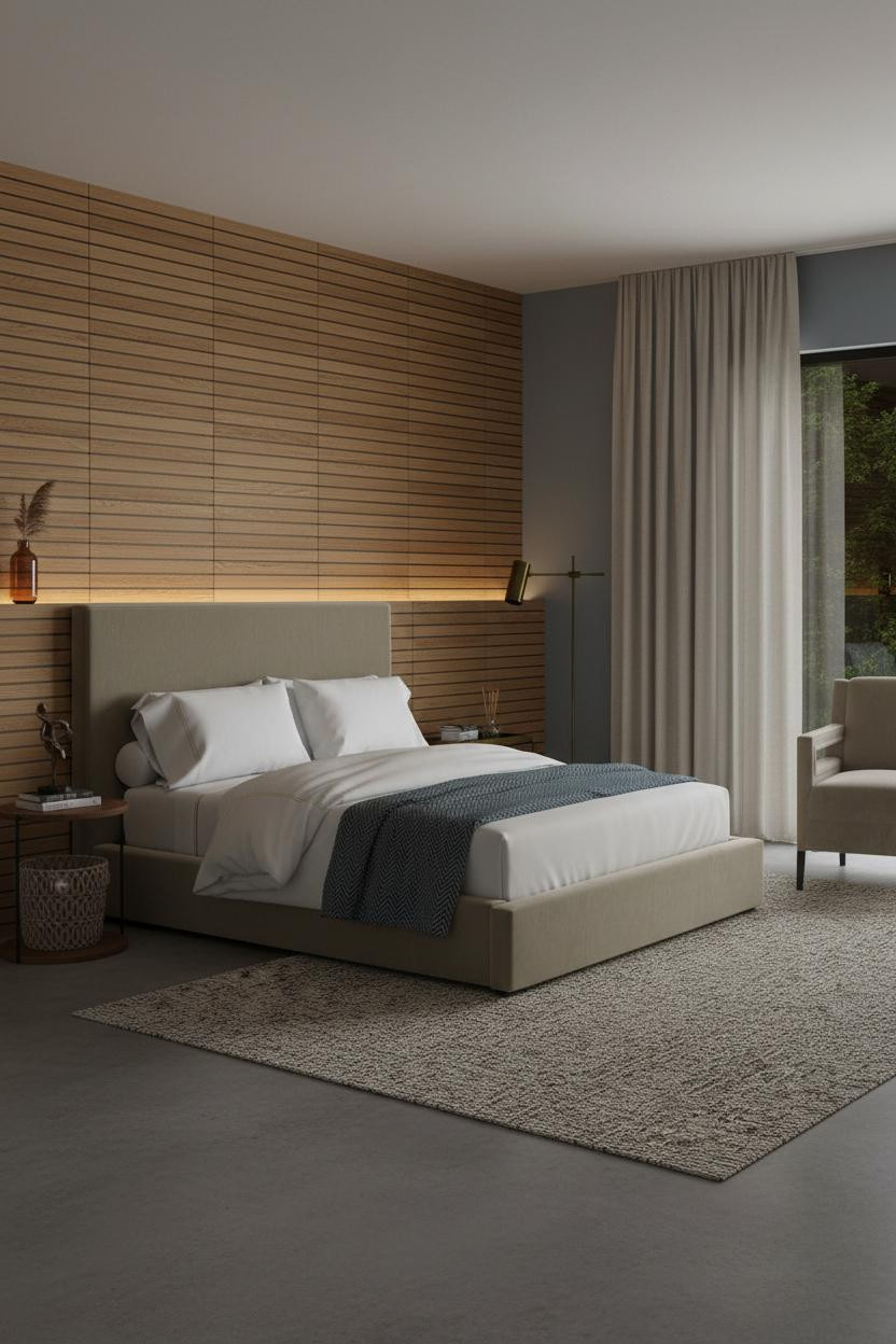Transitional Bedroom Oak Slat Wall