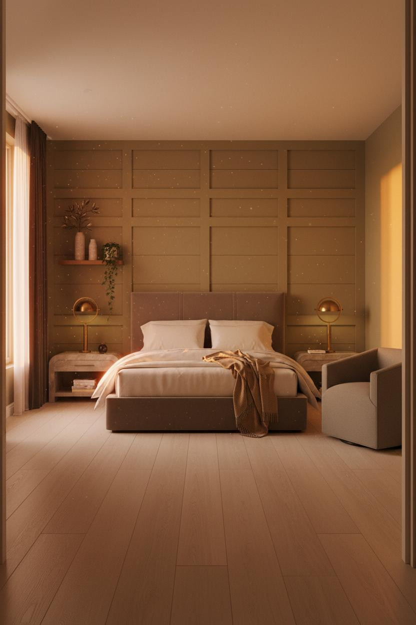 Transitional Bedroom Sage Accent Wall Oak