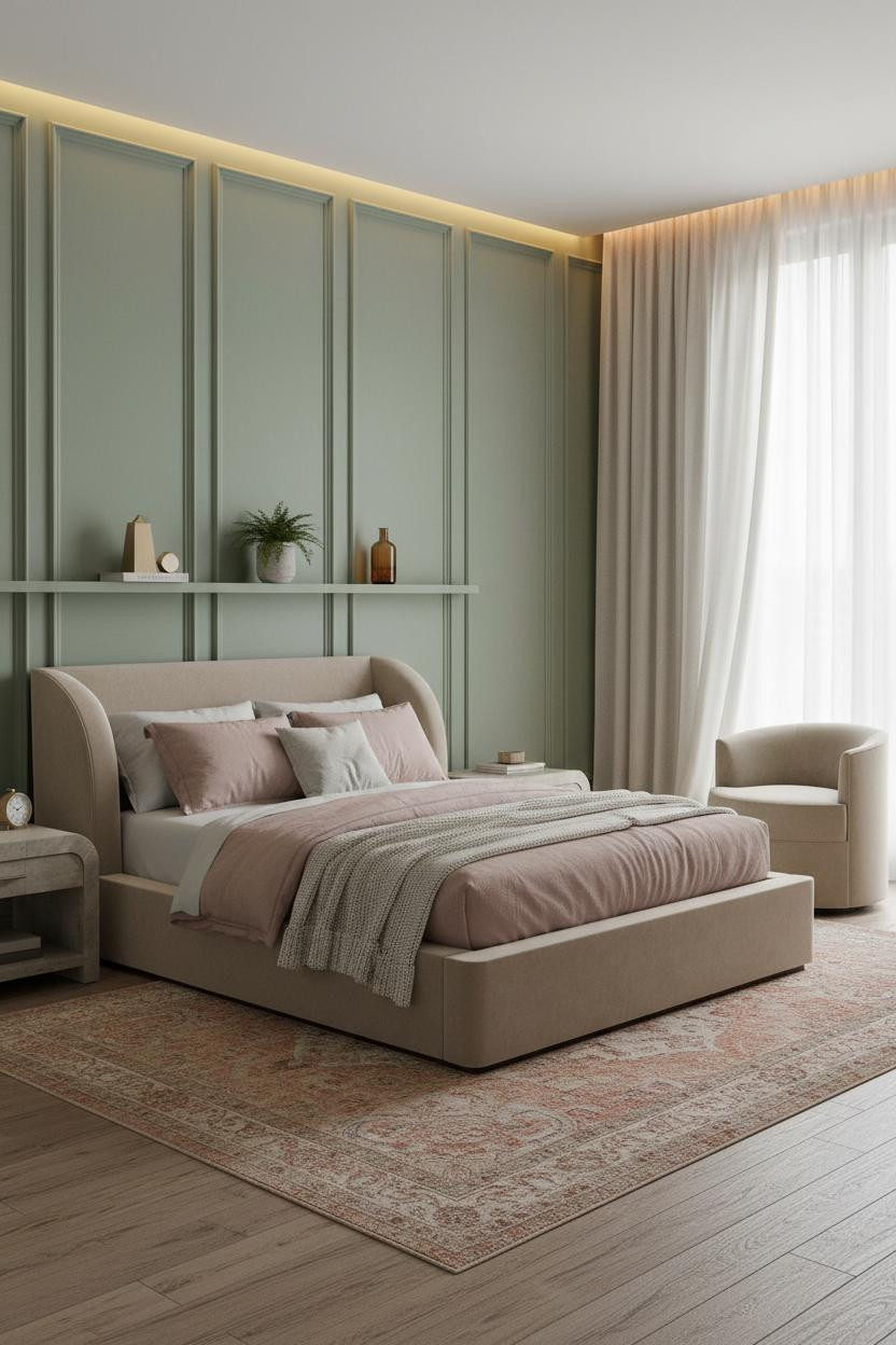 Transitional Bedroom Sage Wainscoting Modern