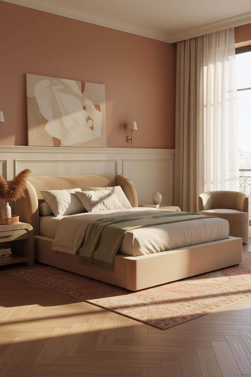 Transitional Bedroom Wainscoting Herringbone Parquet