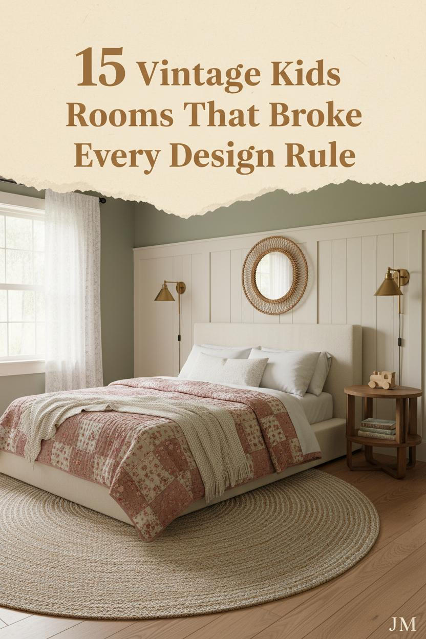 English cottage kids room with ivory board-and-batten wall, fern green accents, dusty rose patchwork quilt, pine floors and wicker mirror