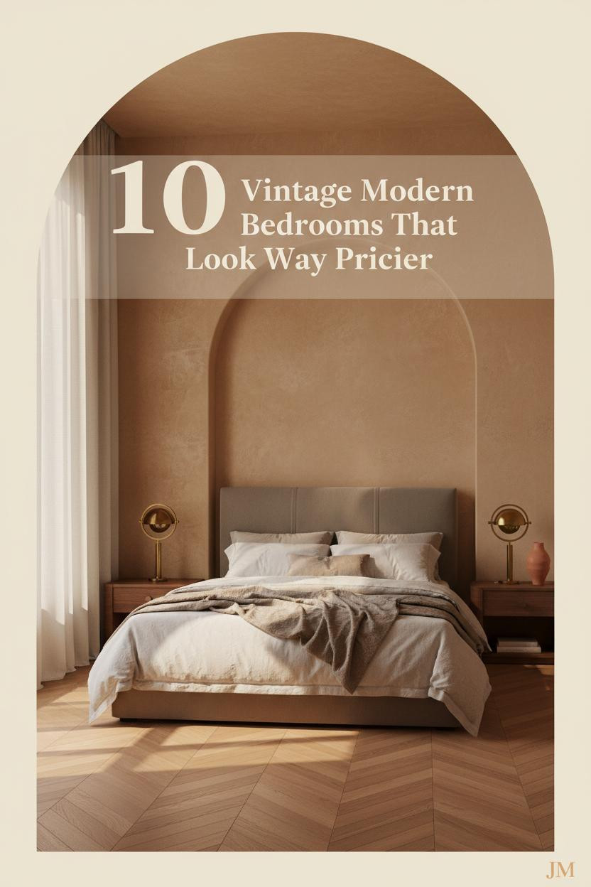 Vintage modern bedroom with camel limewash plaster walls, herringbone oak floor, ivory linen bedding, walnut nightstand, and warm amber lighting