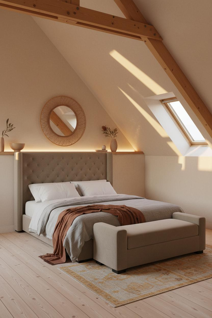 Warm Neutral Attic Bedroom Timber Ceiling