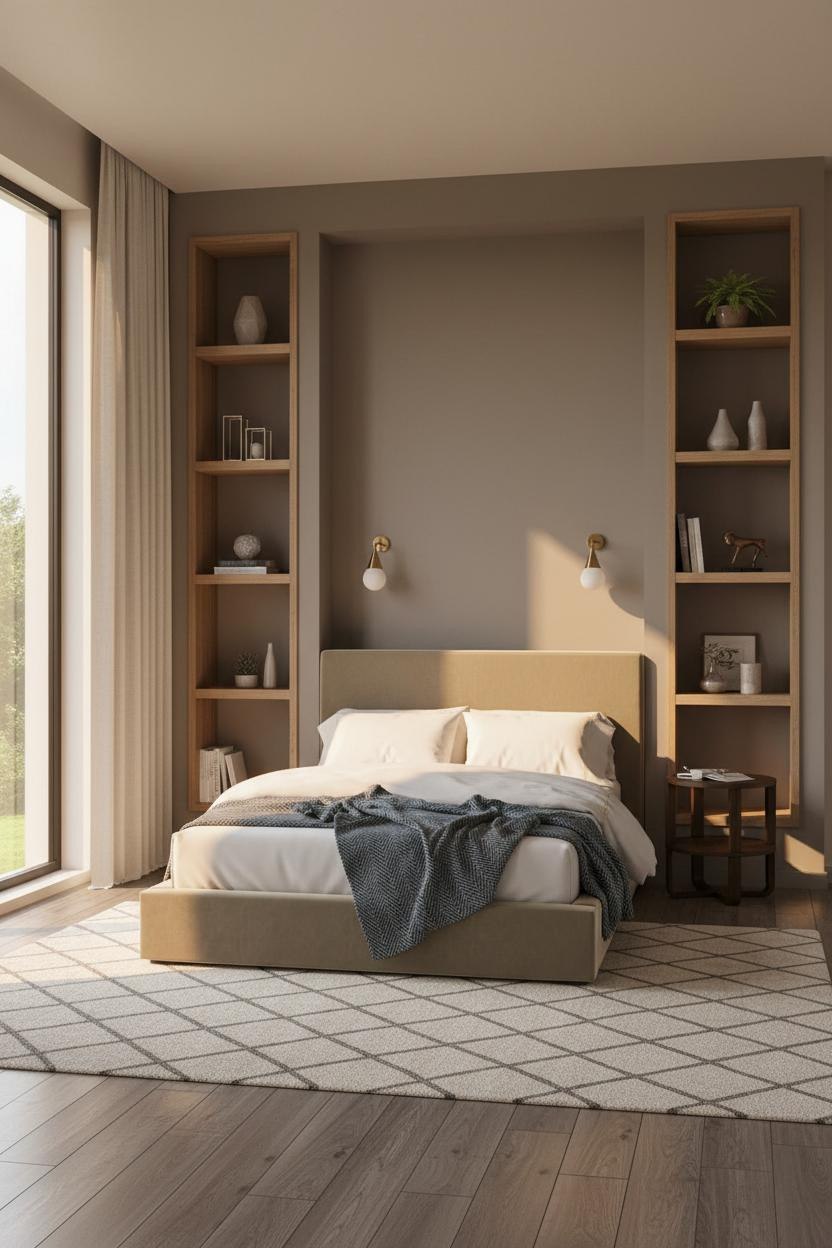 Warm Neutral Bedroom Attic Shelving