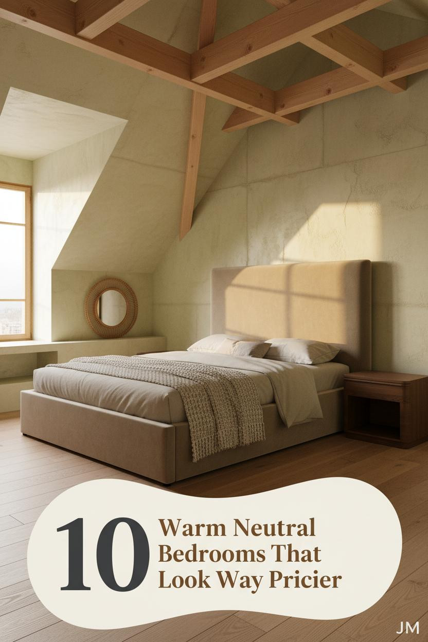 Attic bedroom with sloped timber ceiling, oatmeal linen bedding, cream knit throw, rattan mirror, and warm dormer window light on lime-plaster walls
