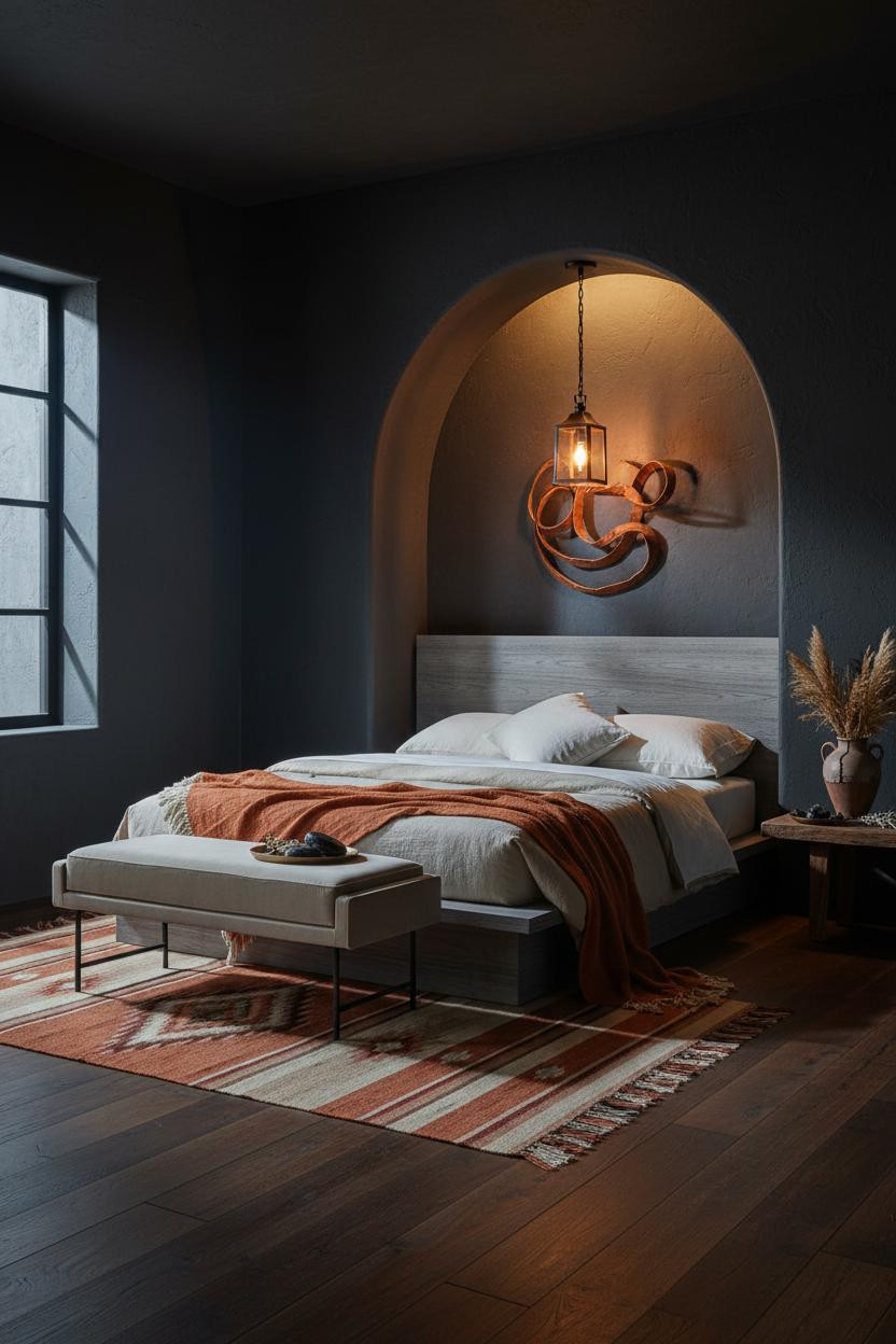 Western Bedroom Dark Ranch Adobe Arch