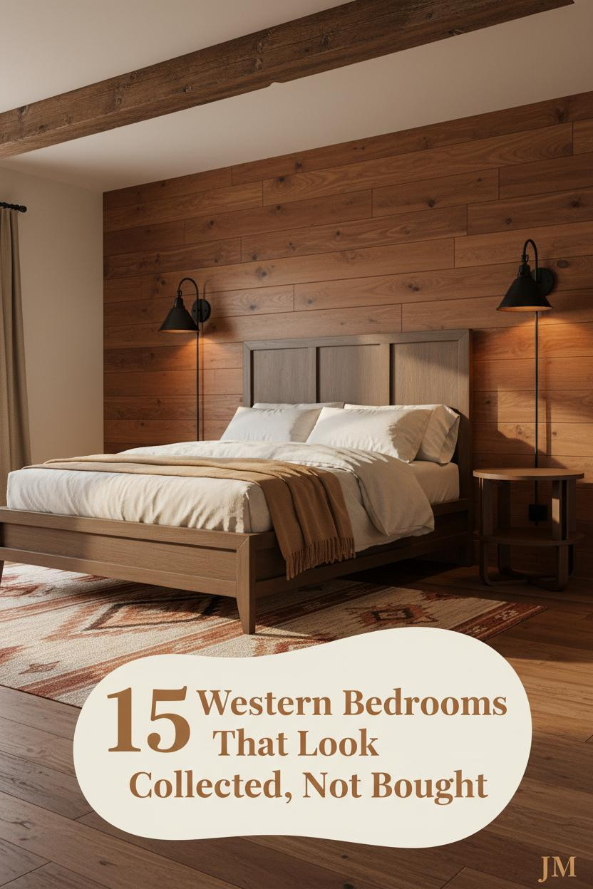 Western ranch bedroom with cognac shiplap wall, iron sconces, reclaimed walnut floors, ivory bedding, camel throw, and Navajo rug