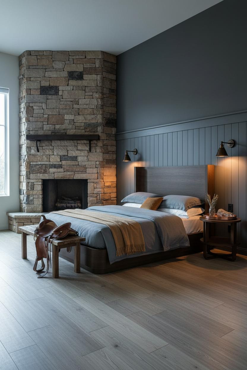 Western Bedroom Ranch Stone Fireplace Design