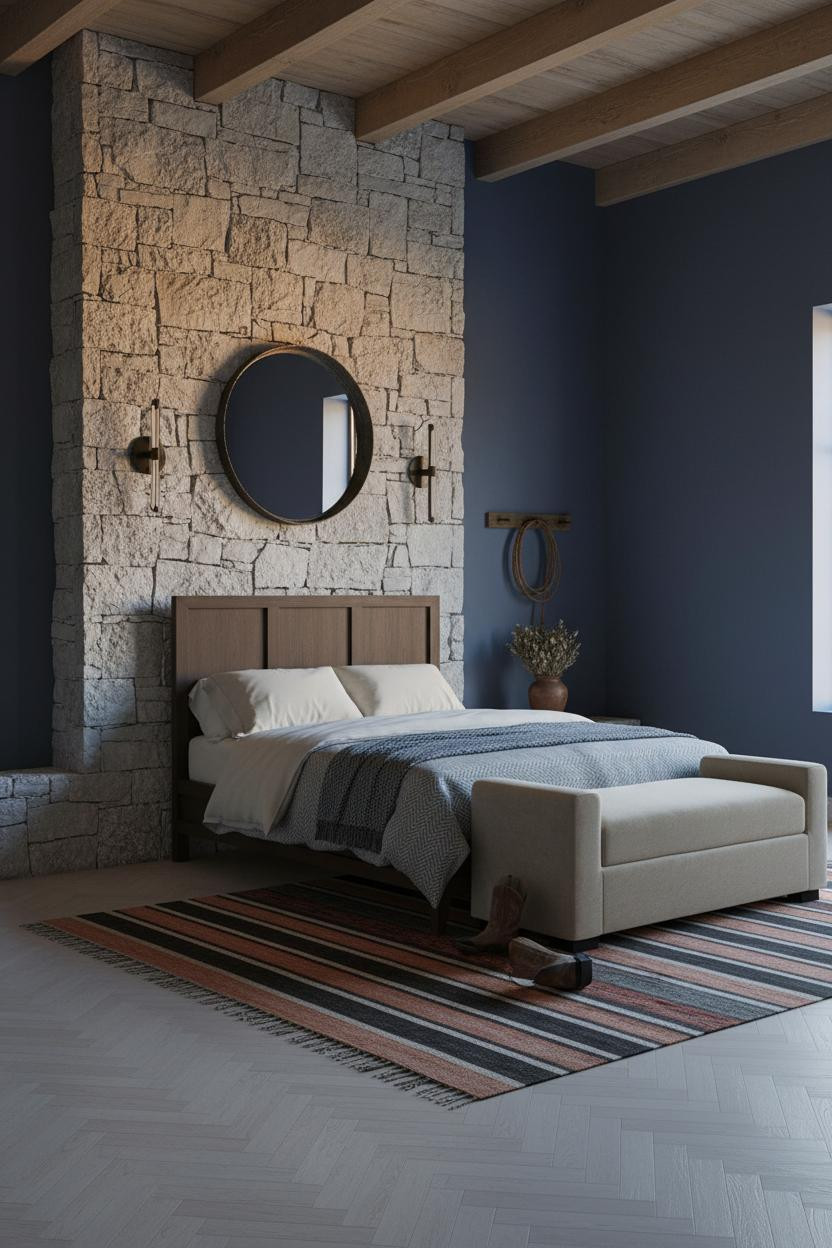Western Bedroom Ranch Stone Fireplace