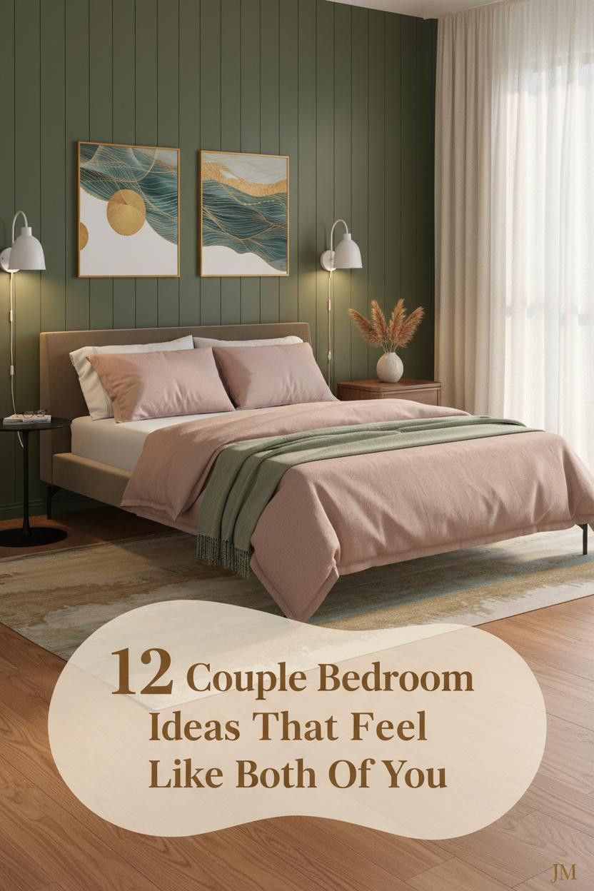 Couple bedroom with deep olive board-and-batten wall, dusty pink linen bedding, sage throw, walnut nightstand, and amber wall sconces