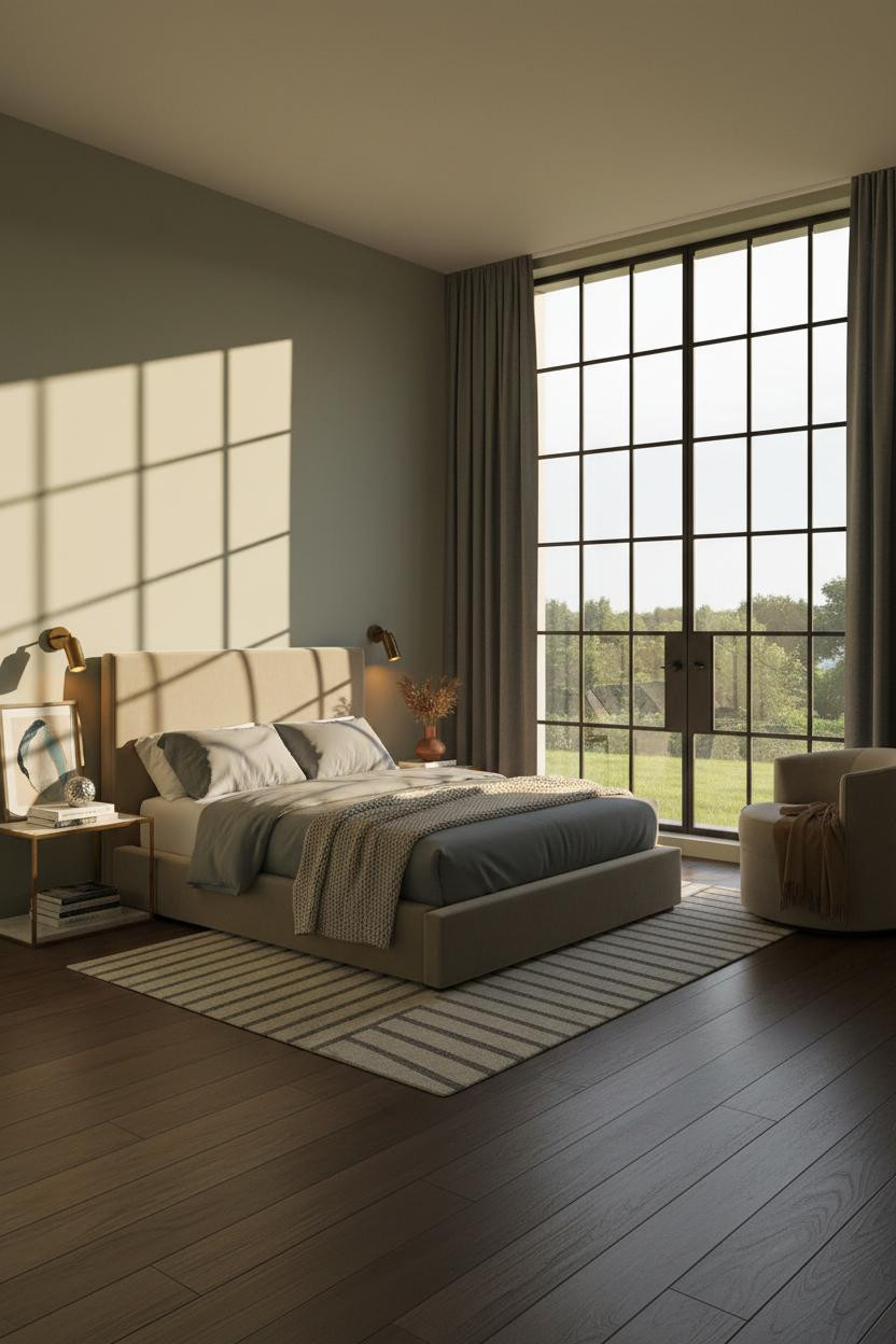 Young Couple Bedroom Japandi Sage Walnut