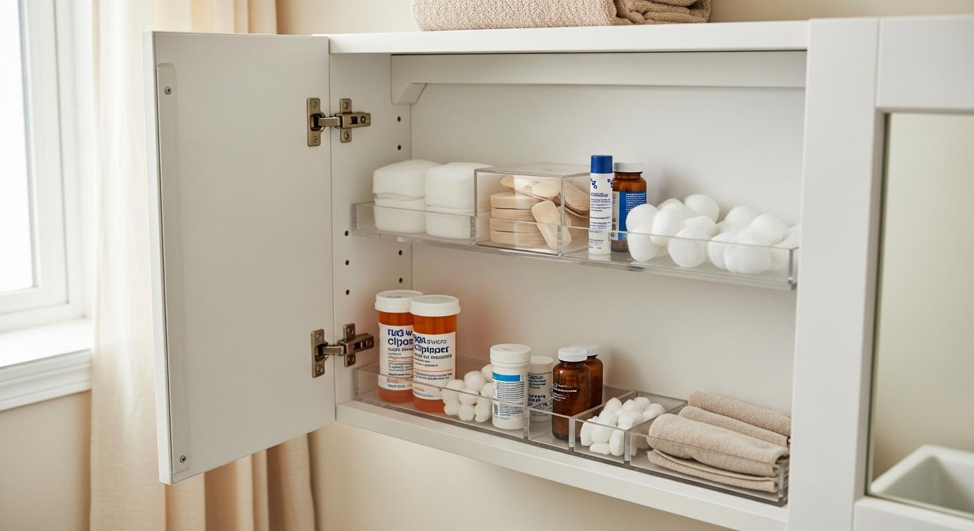Clear bins organize medicine cabinets in 20 minutes but only if yours measures 4+ inches deep