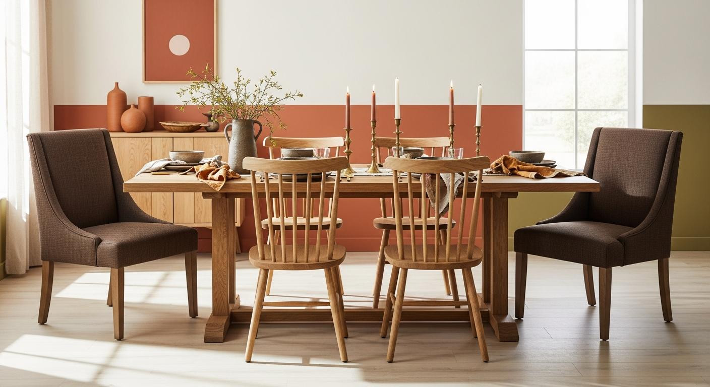Designers say matched dining sets are out and this mix feels warmer