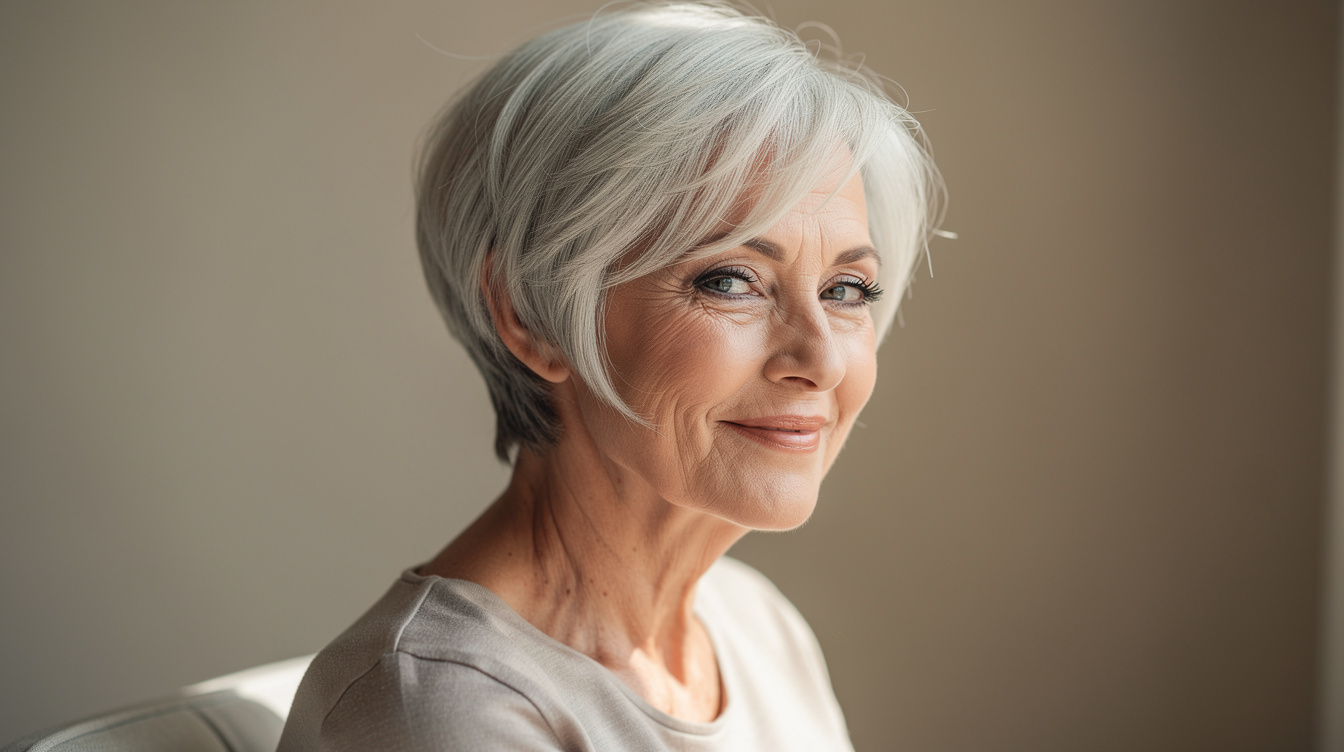 The tapered shag cut adding 2 inches of lift to fine hair at 70
