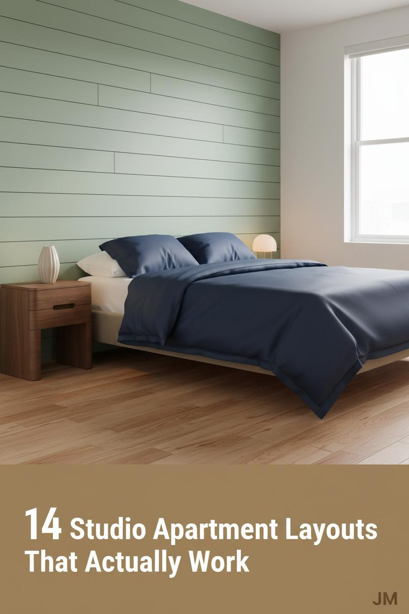 Japandi studio apartment with sage green shiplap wall, platform bed in navy bedding, warm maple floors, and soft natural daylight