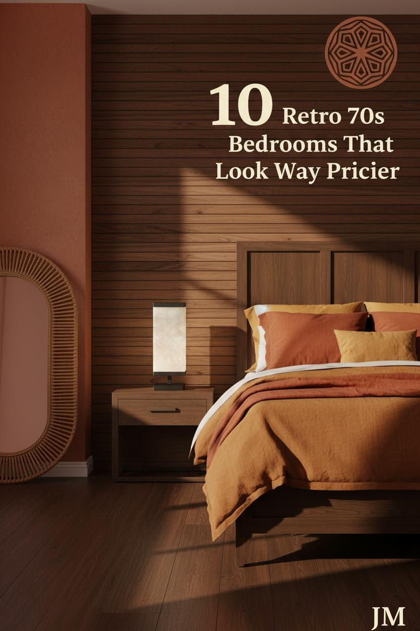 Warm 70s bedroom with walnut slat wall, terracotta plaster, mustard linen bedding, rattan mirror, and amber lamp light on dark oak floors