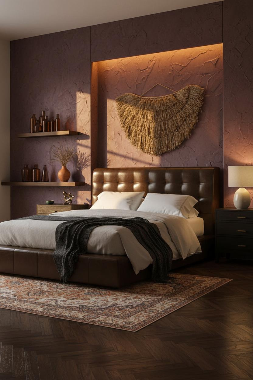 70s Bedroom Plum Walls Amber Lighting