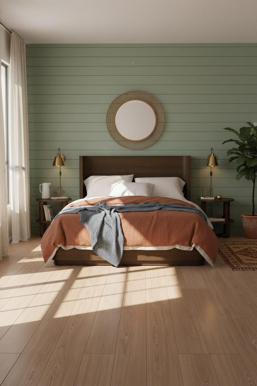 70s Bedroom Sage Green Shiplap Mid Century