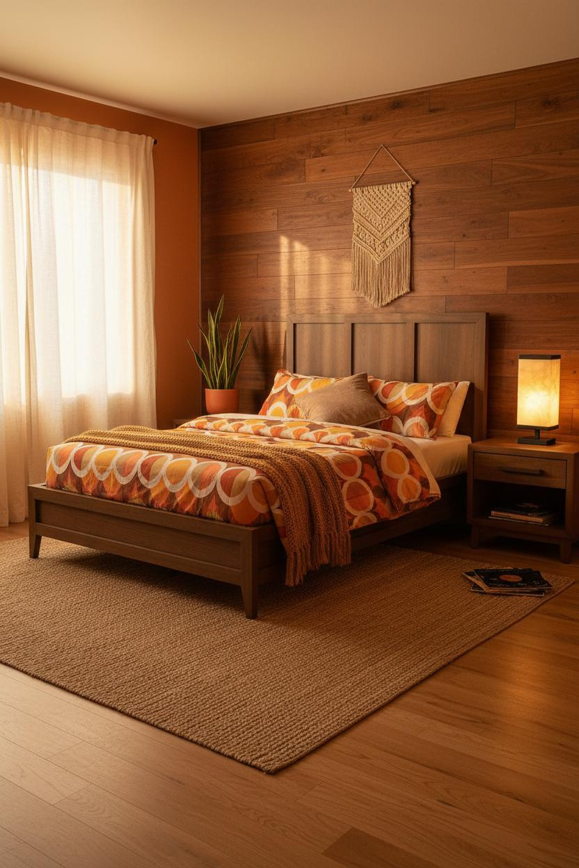 70s Retro Bedroom Wood Paneling Golden Light