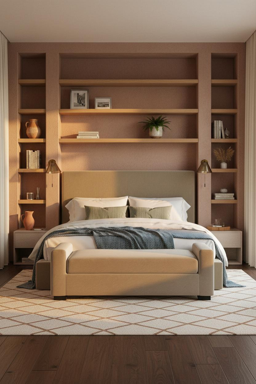 Adult Bedroom Couples Oak Shelving Contemporary