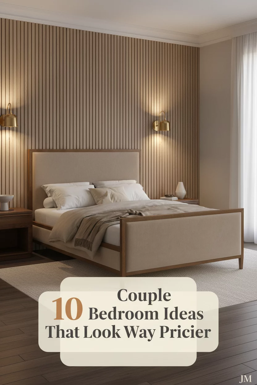 Romantic couple bedroom with slatted oak wall panels, cream linen bedding, walnut nightstands, brass sconces, and soft warm ambient lighting