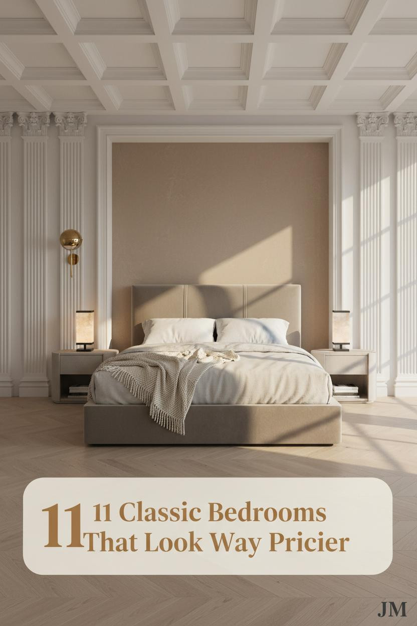 Neoclassical American bedroom with coffered white ceiling, fluted pilasters, dusty camel plaster walls, pale oak herringbone floors, and warm amber lamp glow