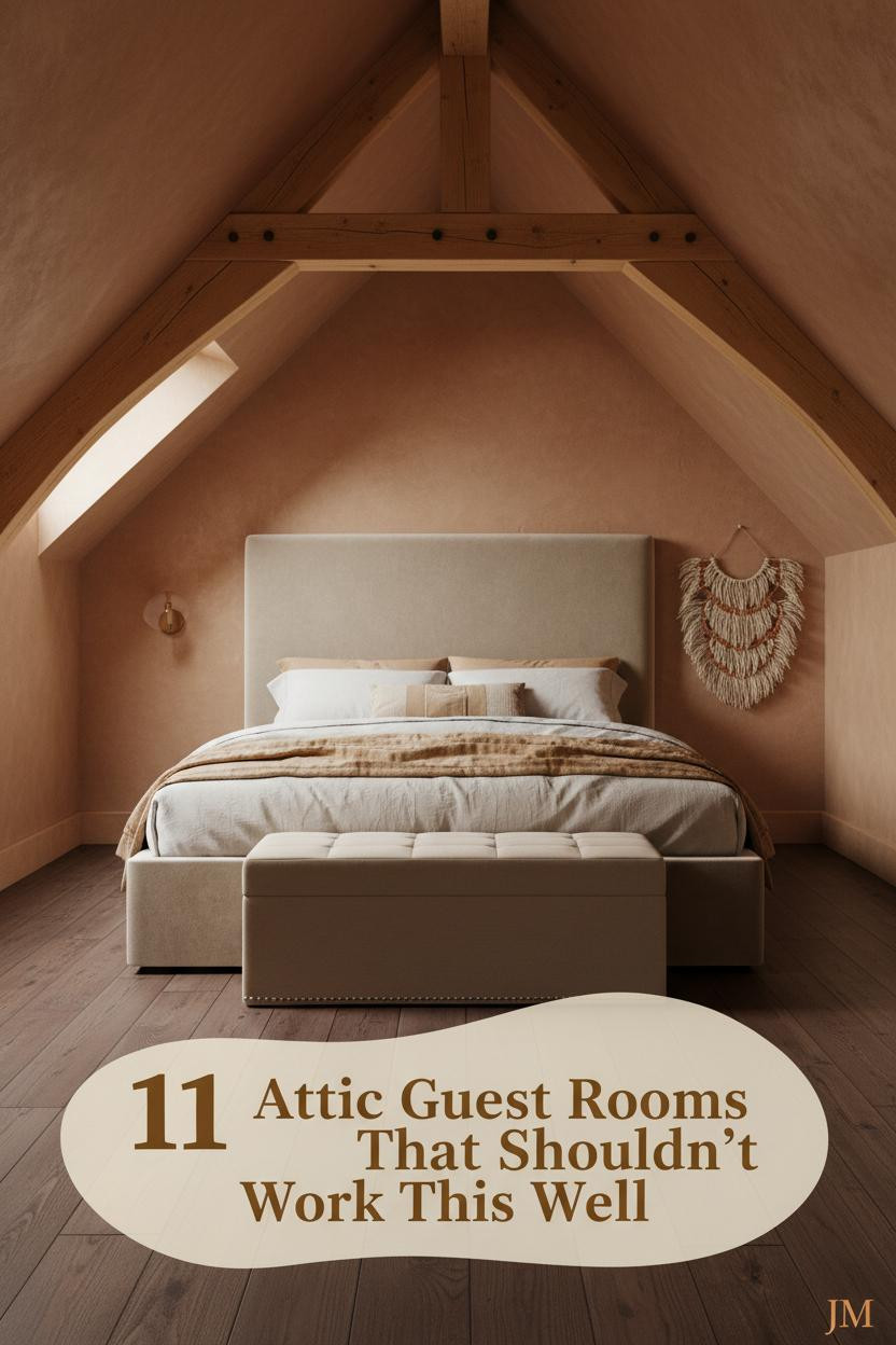 Compact attic guest room with sloped timber ceiling, clay plaster walls, dark walnut floors, and cream linen bedding in warm sconce light
