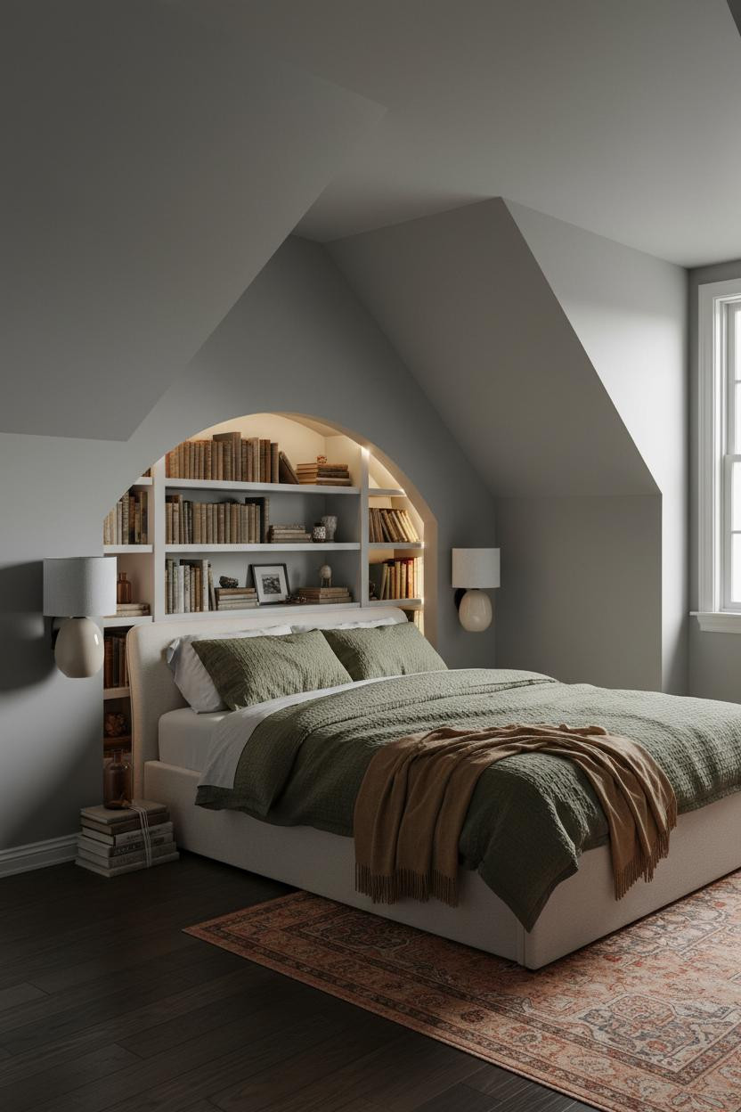 Attic Loft Bedroom Sloped Ceiling Builtin Bookshelf