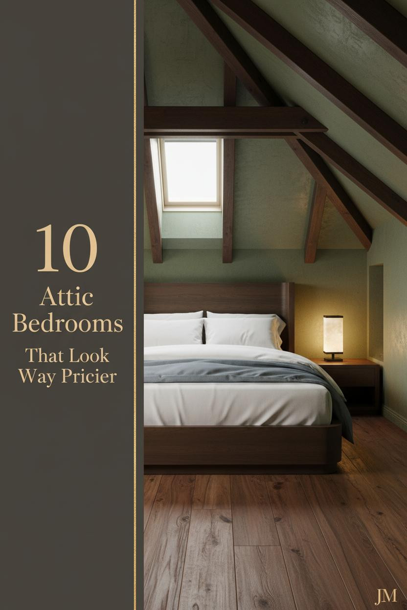 Cozy attic master bedroom with dark timber rafters, moss-green plaster walls, ivory linen bedding, walnut nightstand, and warm amber lamp glow