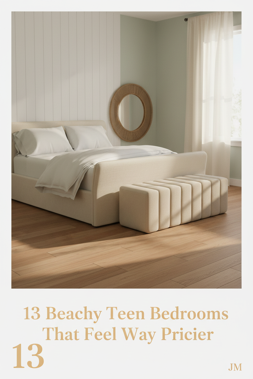 Coastal teen bedroom with whitewashed shiplap, seafoam walls, sandy linen bedding, woven seagrass mirror, and warm afternoon light