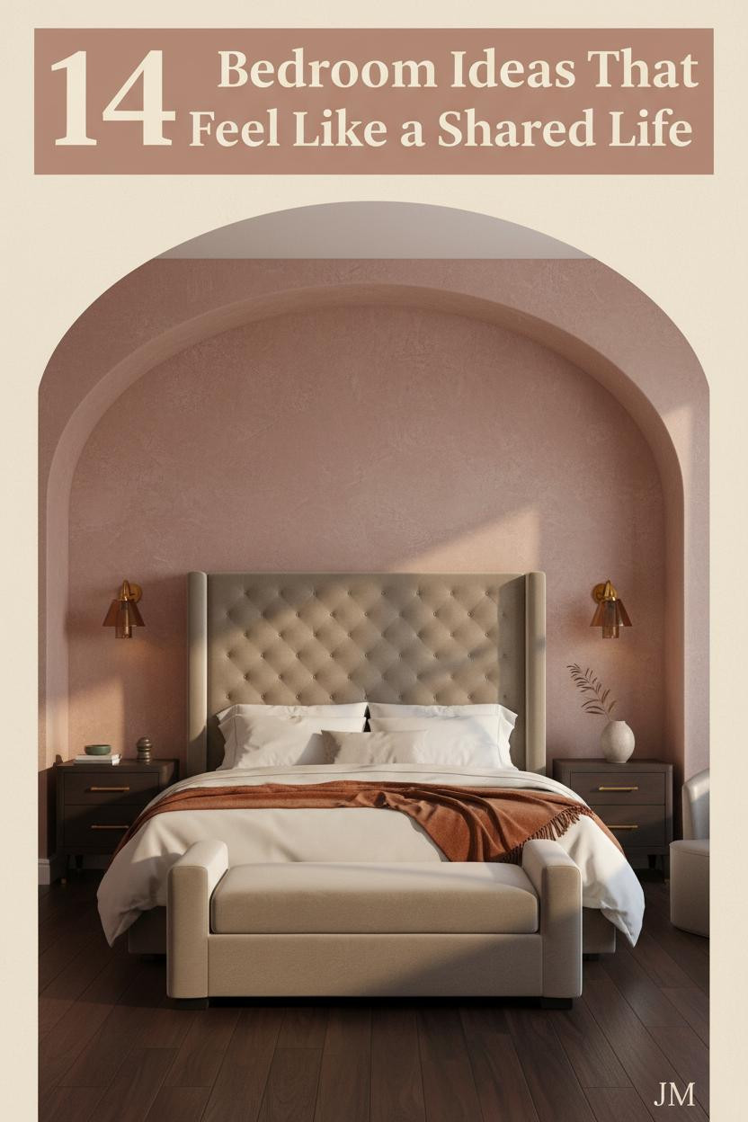 Romantic bedroom with blush rose plaster walls, curved arch niche, ivory percale bedding, rust linen throw, and warm amber sconce lighting