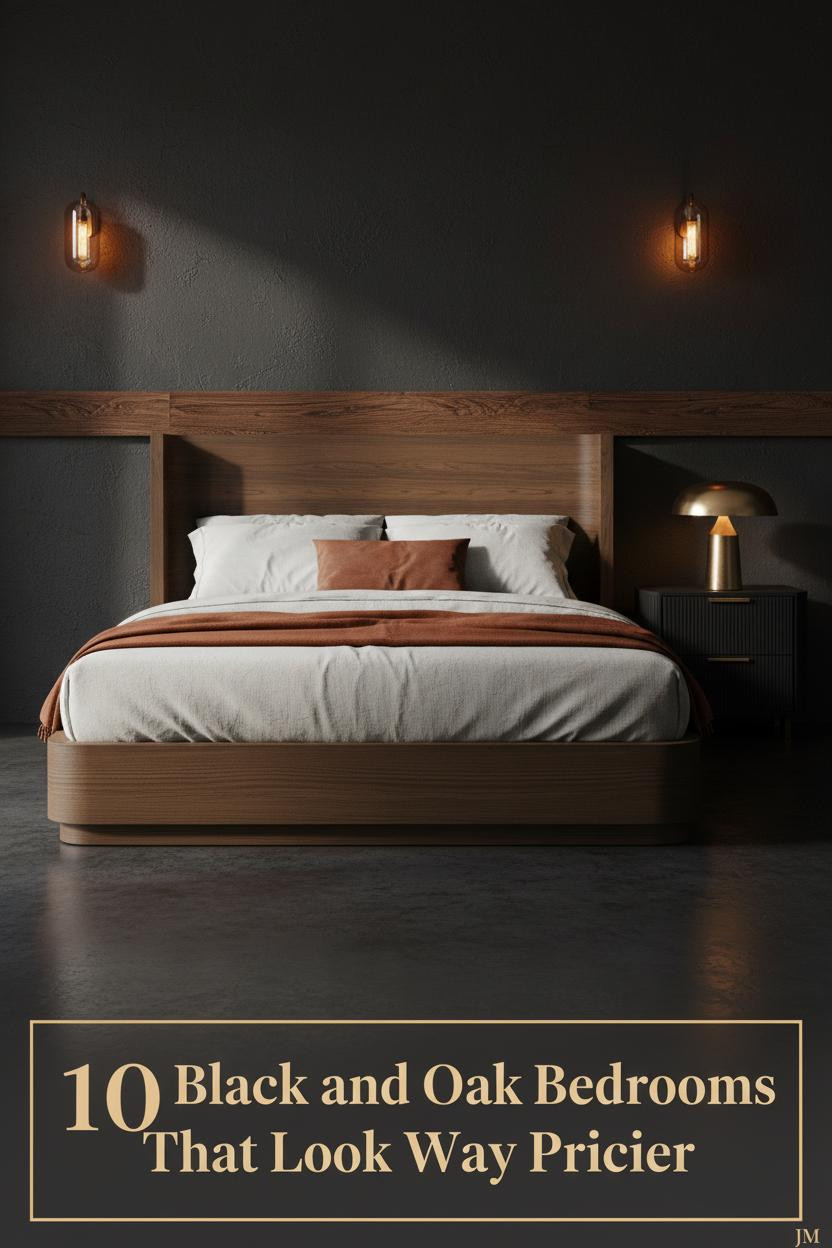 Black and oak bedroom with matte plaster walls, wire-brushed oak beam, concrete floor, oatmeal linen bedding, rust throw, and amber sconce lighting