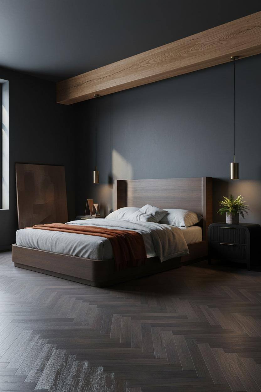 Black Oak Bedroom Exposed Beam Industrial