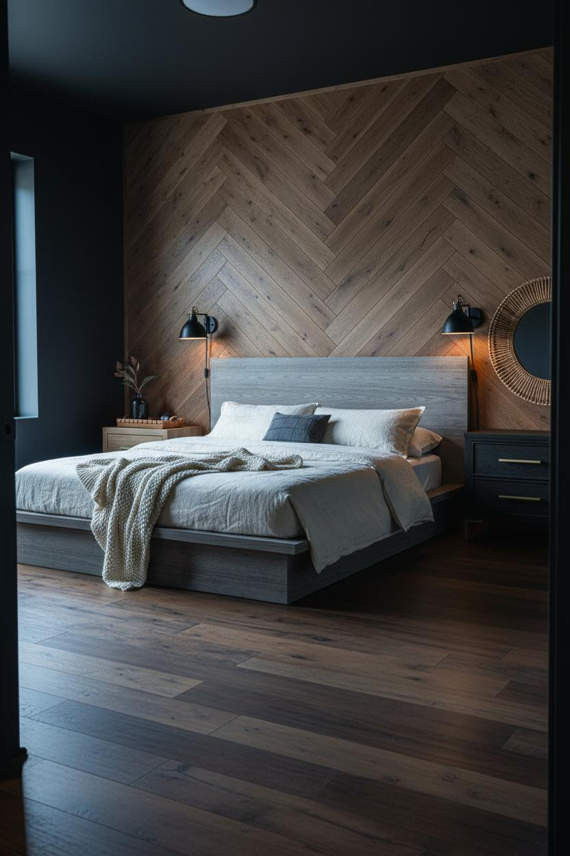 Black Oak Bedroom Herringbone Accent Wall
