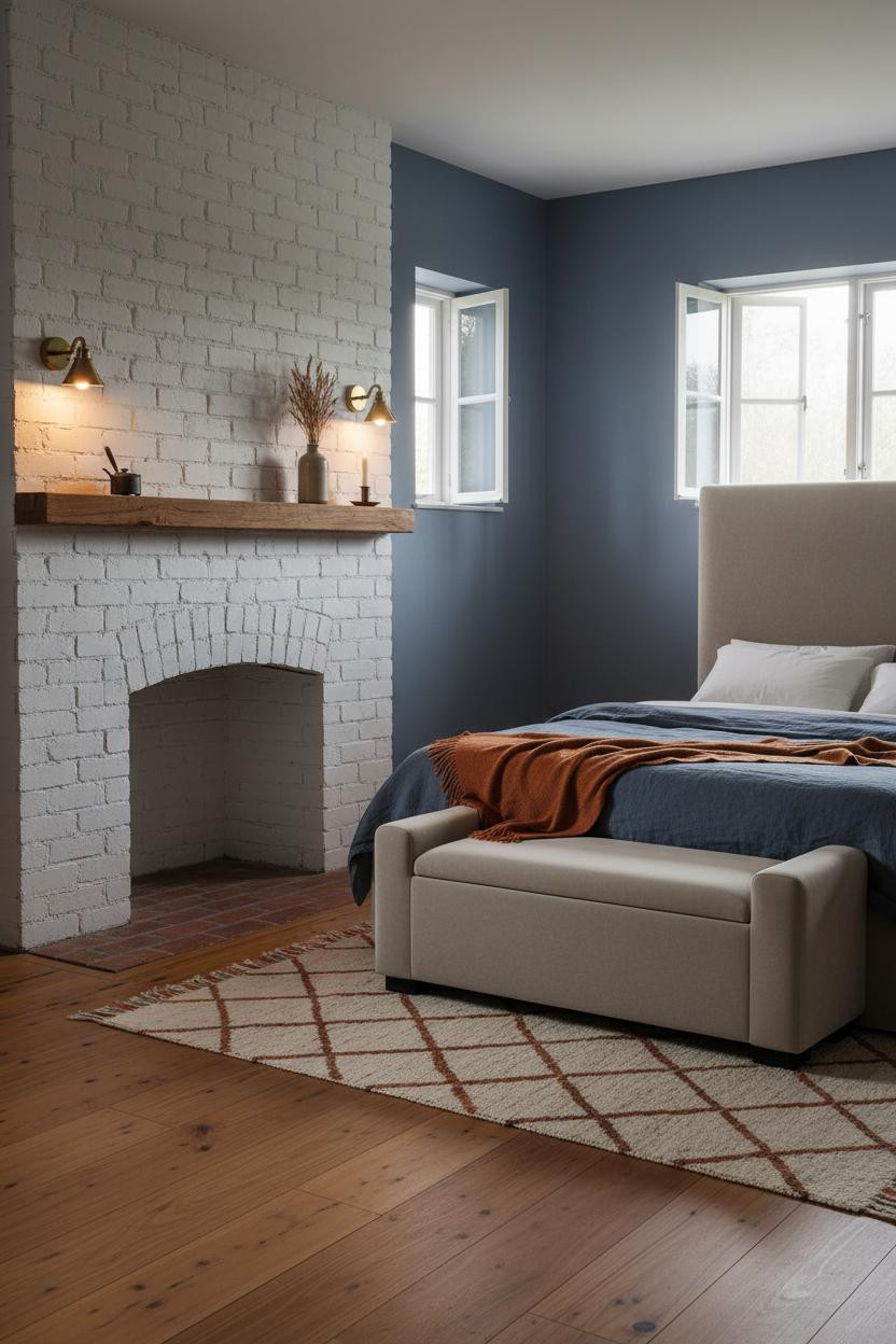Blue Cottage Bedroom Fireplace Indigo Walls