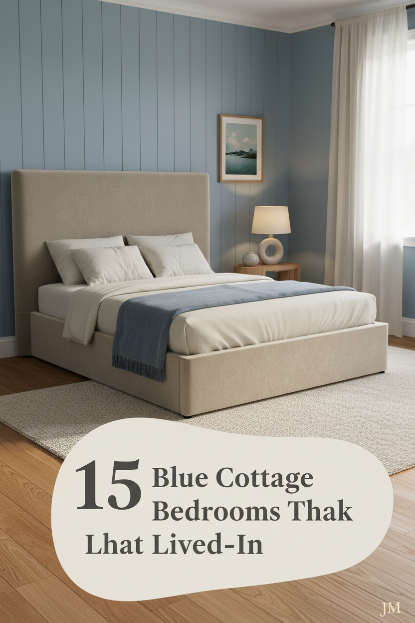 French blue tongue-and-groove paneled bedroom with honey oak floors, cream linen bedding, dusty blue wool throws, and warm table lamp glow