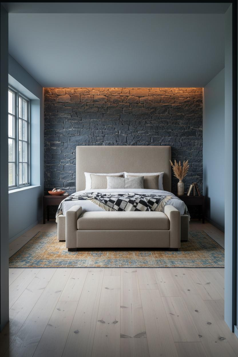 Blue Cottage Bedroom Stone Wall Vintage