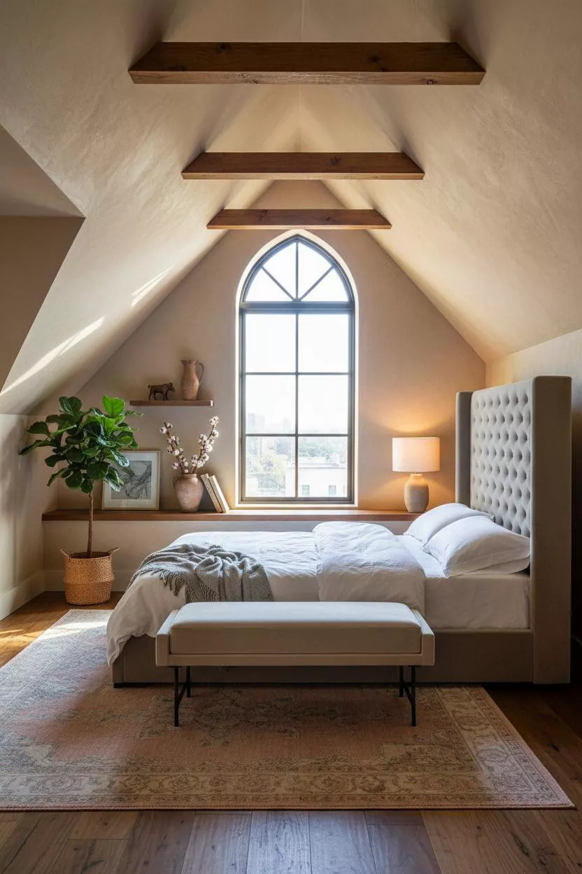 Boho Bedroom Attic Walnut Rafters Design