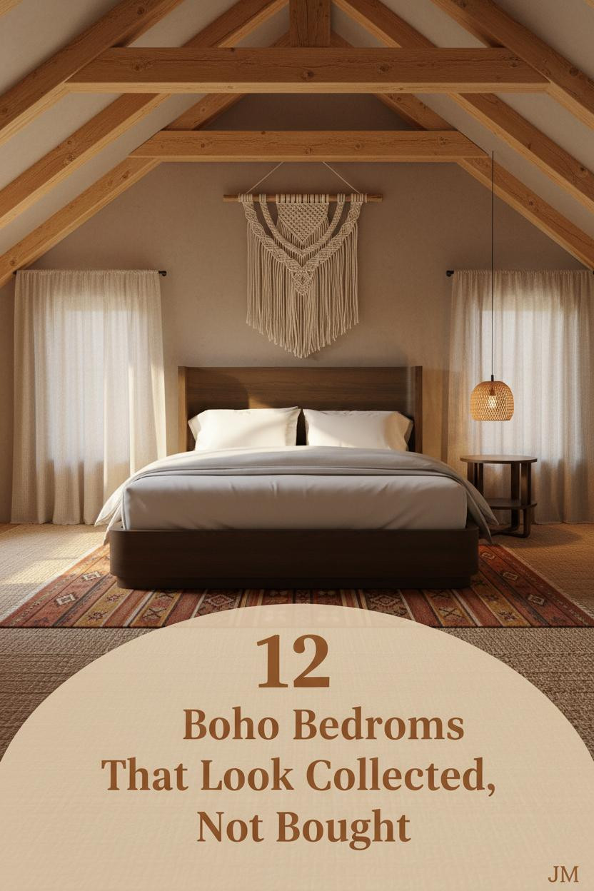 Warm boho attic bedroom with sloped pine rafter ceiling, kilim rug in rust and mustard, macrame wall hanging, and amber morning light