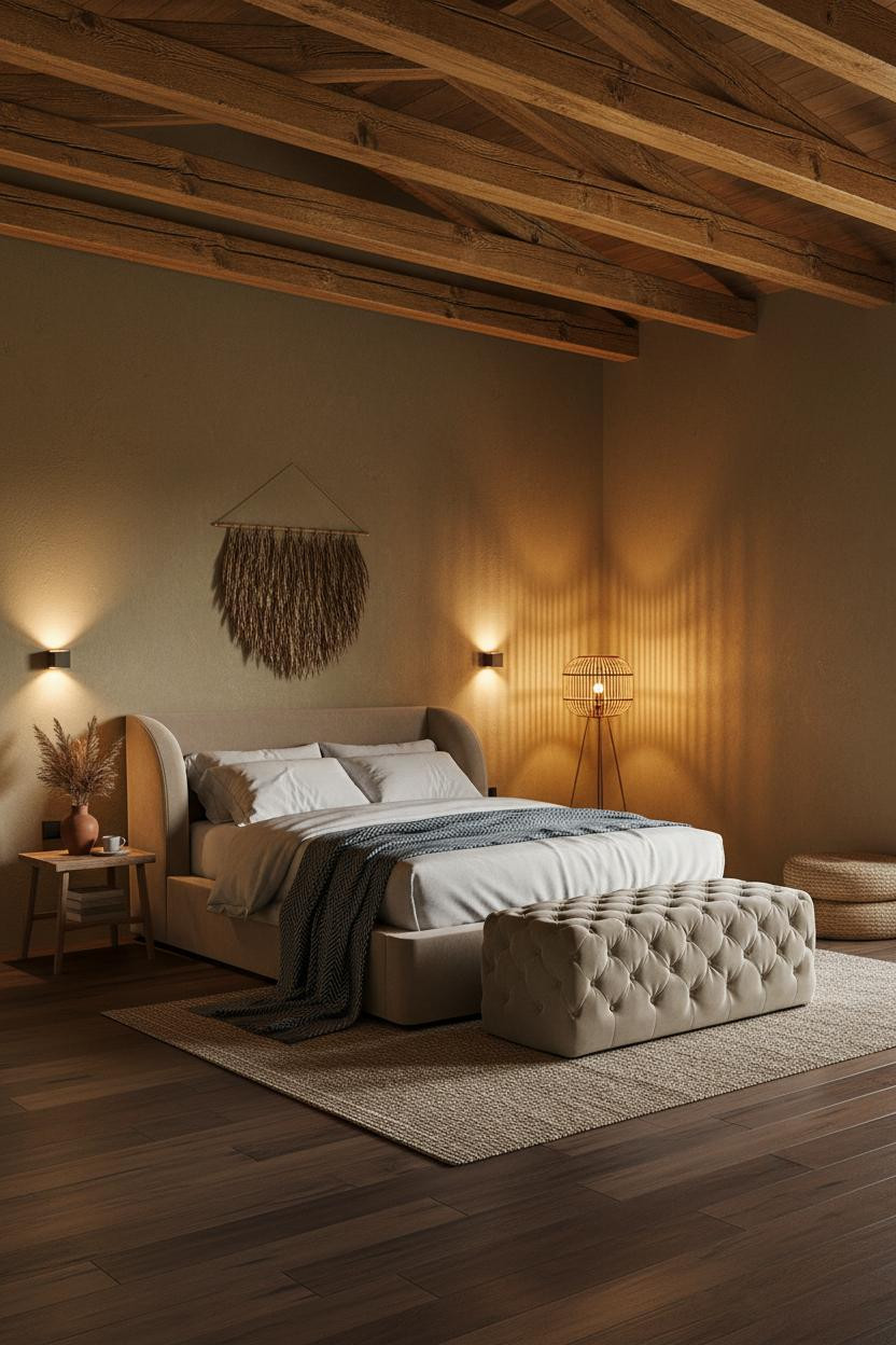 Boho Bedroom Earthy Warm Exposed Beams