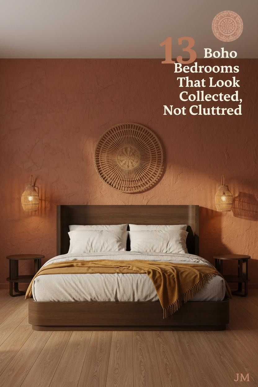 Boho bedroom with burnt sienna plaster wall, oak floors, cream linen bedding, mustard throw, rattan sconces, and circular wall hanging