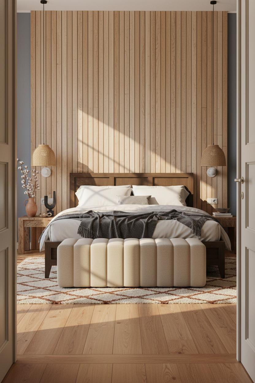 Boho Bedroom Earthy Warm Oak Slat Wall