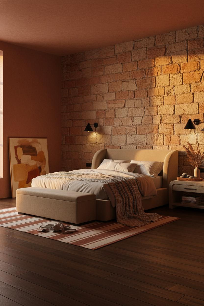 Boho Bedroom Earthy Stone Accent Wall
