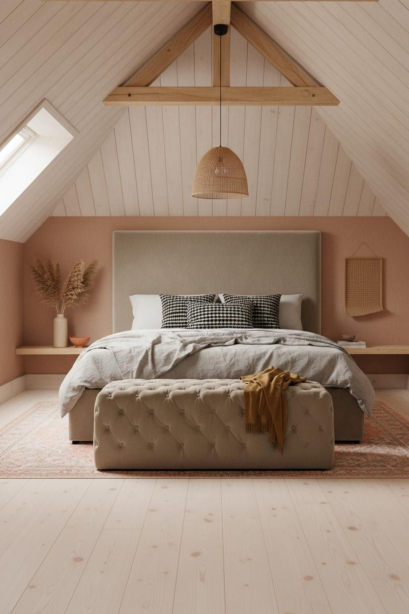 Boho Coastal Attic Bedroom with Shiplap Accent Ceiling