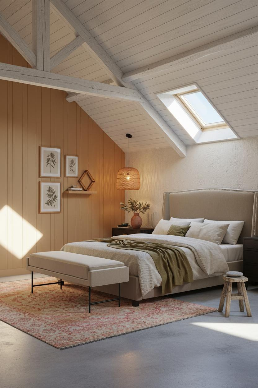 Boho Coastal Attic Bedroom with Whitewashed Beams