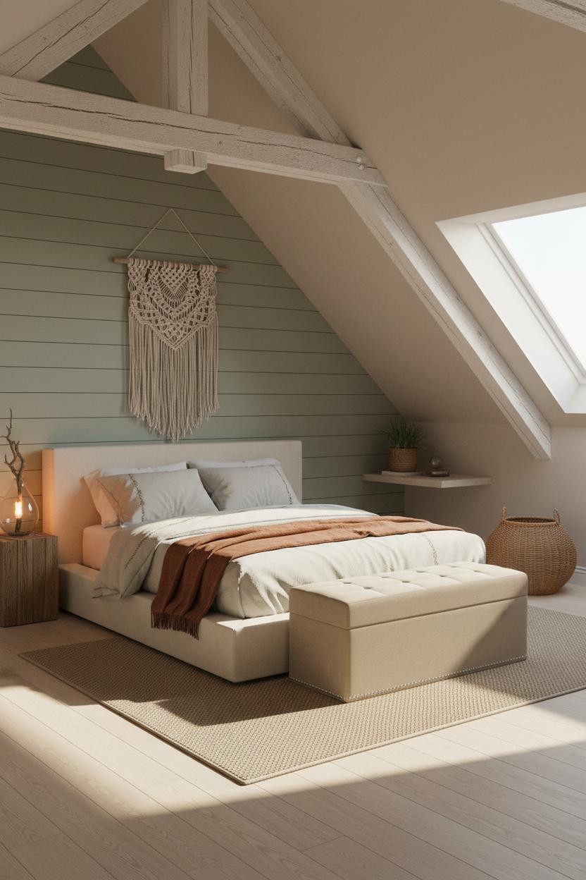 Boho Coastal Attic Bedroom with Whitewashed Beams and Sage Green Accent