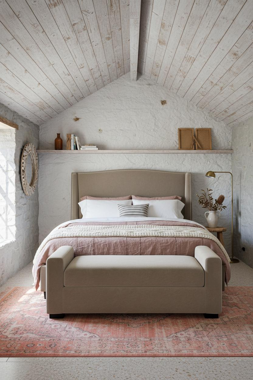 Boho Coastal Attic Bedroom with Whitewashed Walls